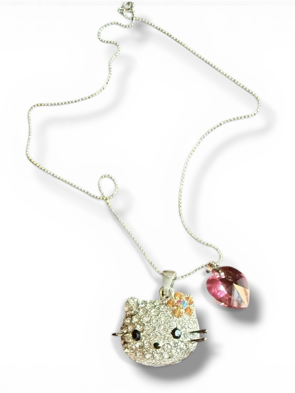 Hello Kitty Silver Crystal Face Necklace with Pink Heart Charm